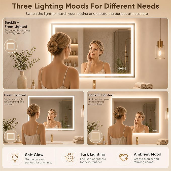 Antok 24x32 LED Bathroom Mirror with Lights, Backlit + Front Lit Vanity Mirror with CRI>90, Dimmable Anti-Fog Smart Mirror with Memory Function, 3 Color Temperatures, Shatterproof Tempered Glass, ETL