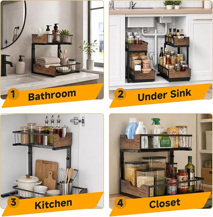 Pull Out Cabinet Organizer 2 Tier Metal Under Sink Organier | Shelf 5 Adjustable Height, Wood Handle, Anti Topple Over, Sturdy Slide out Storage Rack for Bathroom Kitchen Home Pantry