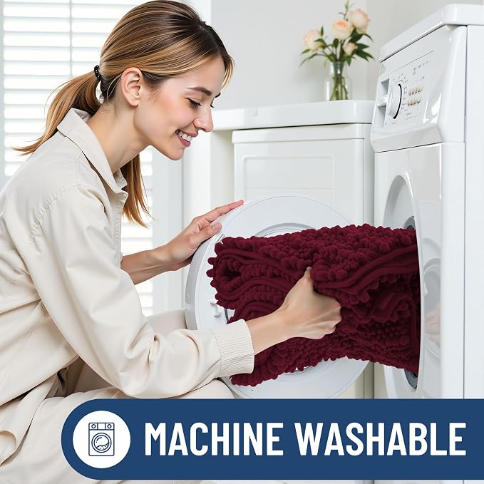 Smiry Bathroom Rugs 24X16, Extra Soft Rubber Backing Chenille Bath Mats | Burgundy Machine Washable Non Slip Quick Dry Bath Mats for Bathroom Floor, Tub, Shower, Home Decor Accessories