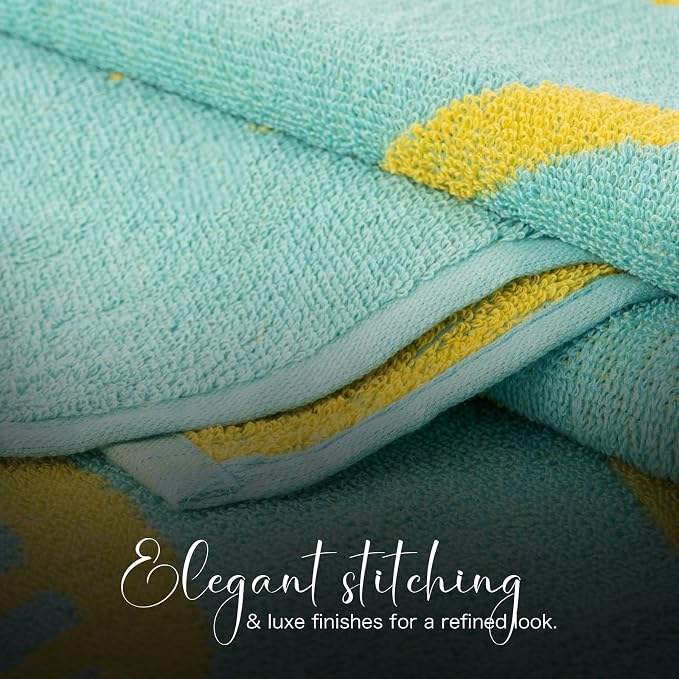 CASA COPENHAGEN Miami Towel 2Pcs Fish Cyan - Teal Stripe Designer Stripe Beach Towels Gift Set, 30"x60" Oversized 100% Cotton Pool Bath Towel for Beach Gift Set (Summer Gift Set for Women & Men)