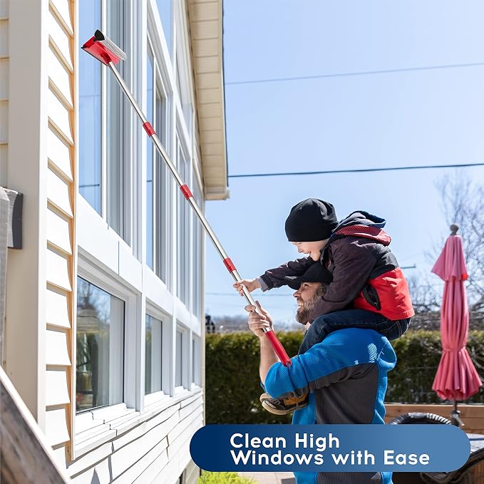 Window Squeegee, 2-in-1 Window Cleaner with 55" Extension Poles, Window Washing Kit, Glass Door Cleaner, Multi-Use Car Windshield Cleaning Tool with Long Handle for High Outdoor Windows
