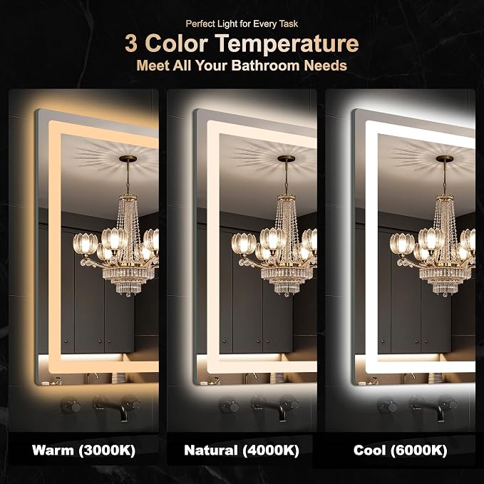 36x24 LED Bathroom Vanity Mirror with Lights, Anti-Fog, Dimmable | Front & Backlit with 3 Color Modes and Memory, 5mm Shatterproof Glass, Plug-in or Hardwired, Horizontal or Vertical