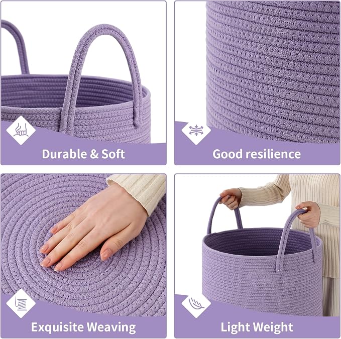 Laundry Basket Hamper Tall Rope Storage Woven for Blanket Toys Dirty Clothes in Living Room Bathroom Bedroom Purple 60L/15.8Gal