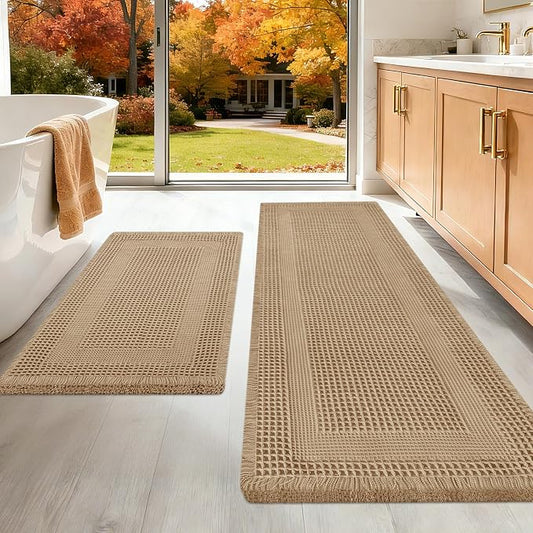 Upgraded Waffle Bath Mat Set 2 Piece Beige-Looped, Super Absorbent Non-Slip Quick Dry Bathroom Rugs with Tassels, Machine Washable Ultra Soft Boho Bath Rugs for Floor, Toilet Mats Boho Farmhouse Decor