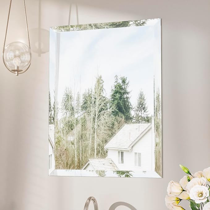 Keonjinn 16x24 Inch Small Frameless Bathroom Mirrors for Wall, Modern Style | Beveled Mirrors for Bathroom Sink, Temepered Glass Shatterproof, Modern Decorative for Living Room, Horizontal/Vertical