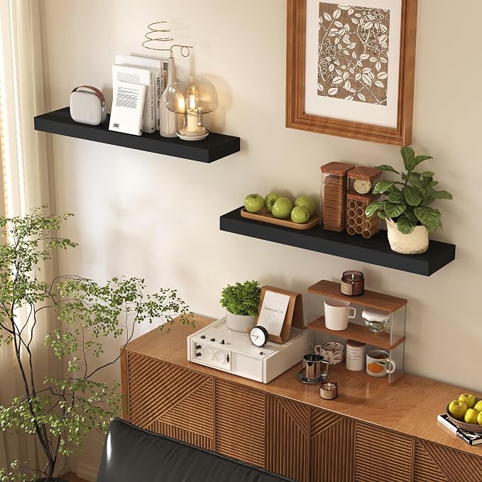 BAMEOS Bamboo Floating Shelves Wall Mounted Wooden Shelves with Invisible Brackets Set of 2, Hanging Wall Decor for Bedroom, Bathroom, Living Room and Kitchen