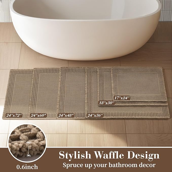 RESARE Waffle Bath Mat for Bathroom, Non Slip Bathroom Rugs 24"x36" Brown | Absorbent Boho Bathroom Floor Mats Machine Washable Quick Dry, Soft Solid Bath Rugs with Tassels, Ideal Farmhouse Home Decor