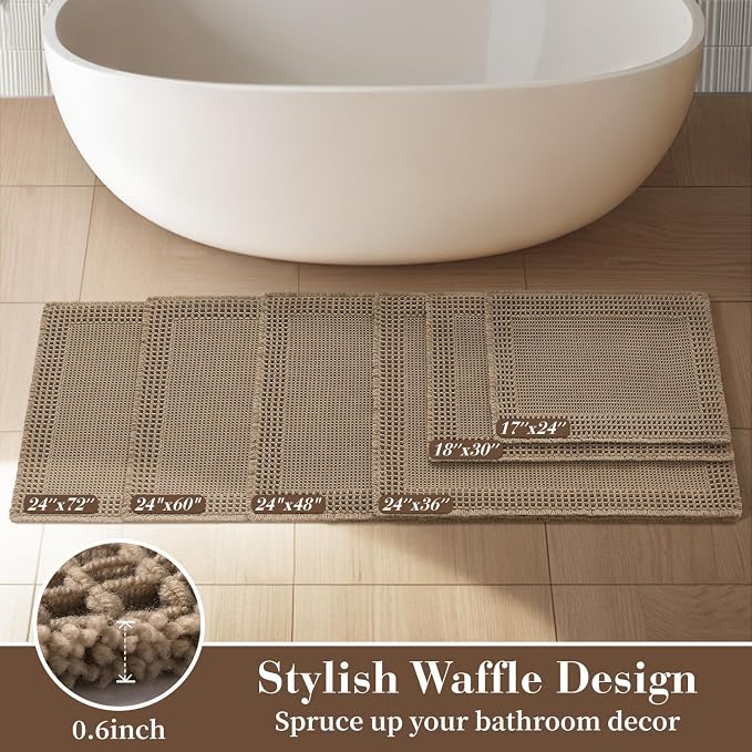 RESARE Waffle Bath Mat for Bathroom, Non Slip Bathroom Rugs 20"x32" Brown | Absorbent Boho Bathroom Floor Mats Machine Washable Quick Dry, Soft Solid Bath Rugs with Tassels, Ideal Farmhouse Home Decor