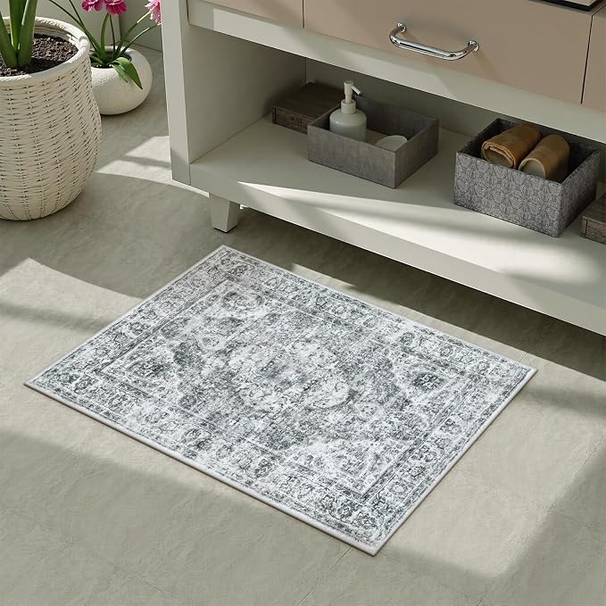 Uphome Boho Bathroom Rugs, Distressed Farmhouse Gray Bath Mat, Comfy Velvet Small Bath Rugs Non Slip Washable, Vintage Oriental Toilet Rug for Sink Shower Vanity, 20x32 inch