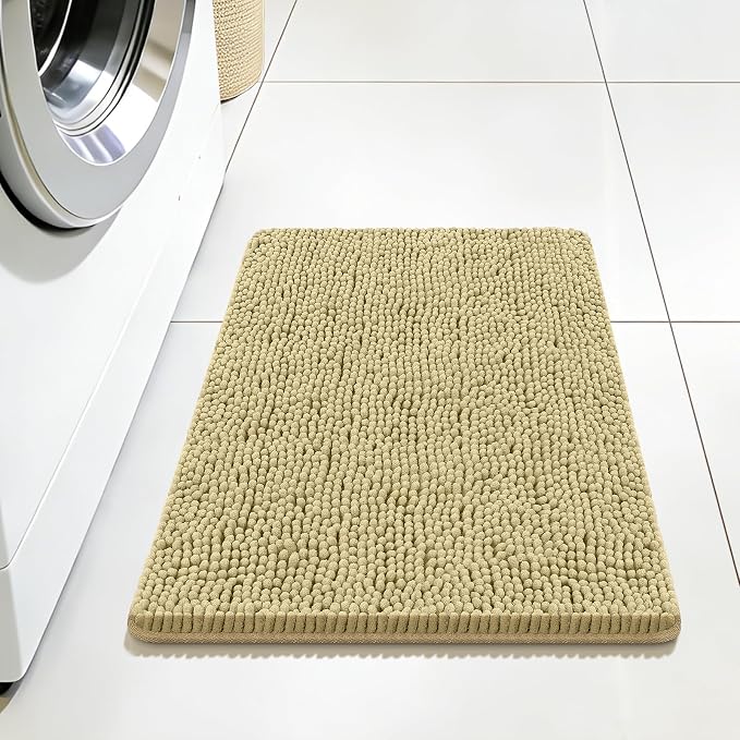 Bcoimo Small Bath Rug Mat,Chenille High Absorbent Beige Bathroom Floor Mats | Non Slip with Rubber Backing 24x17 Bathroom Rug; Machine Washable;Extra Soft Bath Rug;High Absorbent、Quick Dry Microfiber mat