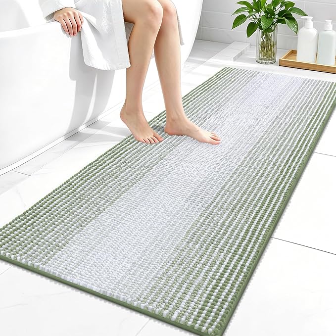 OLANLY Bathroom Runner Rugs 47x24, Chenille Striped Bath Rugs, Sage Green | Extra Soft Absorbent, Rubber Backing, Machine Wash Dry, Bath Mats for Bathroom Floor, Tub and Shower, Home Decor Accessories