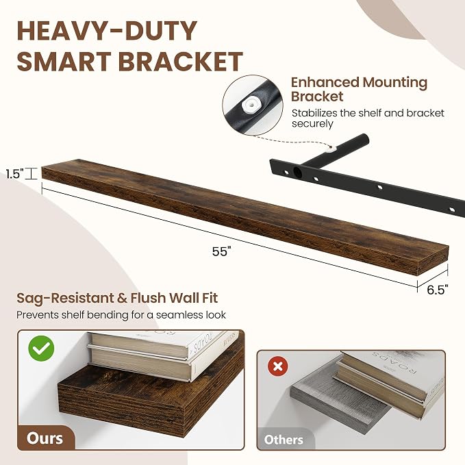 Acovy 55 Inch Floating Shelves for Wall 1 Pack, 55" Wall Shelves for Books, Storage, Decor, Wall Mounted Floating Shelf with Invisible Brackets for Kitchen, Living Room, Brown