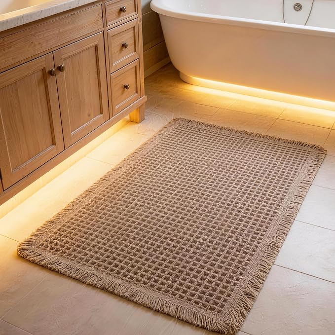 Waffle Bathroom Rugs, Large Non Slip Absorbent Waffle Knit Bath Mat for Shower Floor, Tub and Bathroom Door, Ultra Soft Quick Dry, Brown, 24"x36"