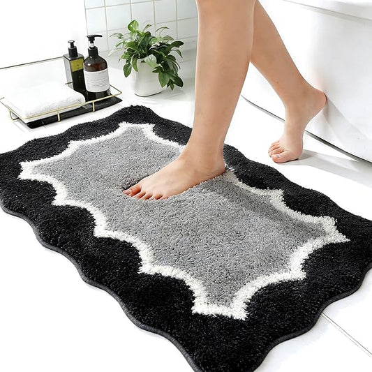 Scalloped Black Bathroom Rugs Mat,Non Slip Absorbent Quick Dry Bath Mats for Shower Room,Plush Microfiber Bath Mats for Bathroom Floor Washable Carpet for Shower Tub Sink Bedroom,20"x32"
