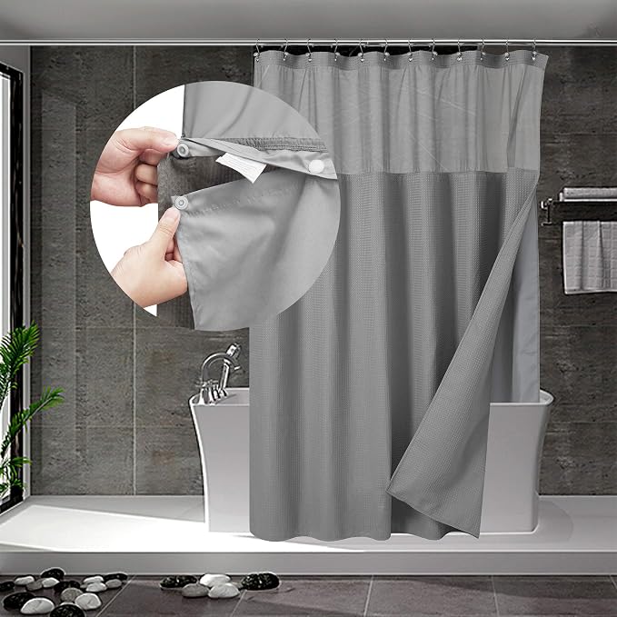 N&Y HOME Extra Long Waffle Shower Curtain with Snap-in Liner Gray, 71x84 | 12 Hooks & Snap on Fabric Liner, Washable, Mesh Window, Hotel Style, 84 inches Length Grey Shower Curtain Set for Bathroom