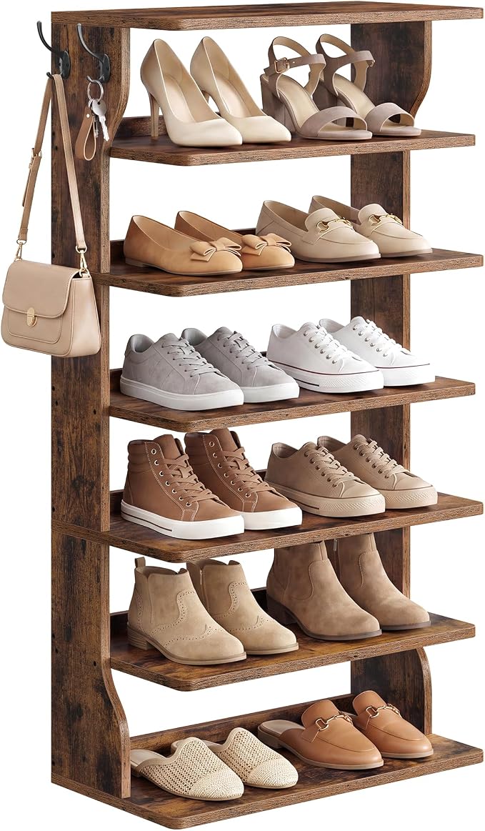 VASAGLE 7-Tier Vertical Shoe Rack, Narrow Shoe Storage Organizer with Hooks | Slim Corner Tower Shelf, Space Saving for Entryway and Bedroom, Rustic Brown, ISLAND Collection ULBS220KD01