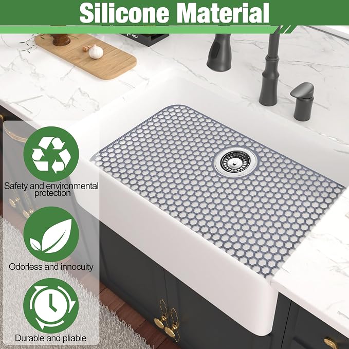Sink Protectors Mat - 28.3"x15.55" Kitchen Sink Pad for Bottom of Basin for Protection of Stainless Steel and Tableware, Farmhouse Rubber Basin Mat Protector with Rear Drain - Light Gray