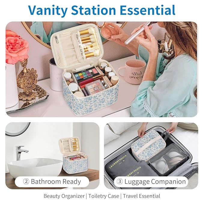 Travel Makeup Bag, Cosmetic Bags for Women Makeup Case Organizer Large Capacity Travel Toiletry Bag Storage Bags with Divider and Handle for Cosmetics Toiletries Brushes Tools-Blue Floral