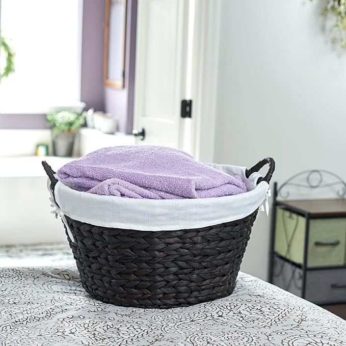 Household Essentials Round Wicker Laundry Basket with Handwoven Water Hyacinth, Metal Frame Support, and Removable Polyester Liner, Brown Finish and White