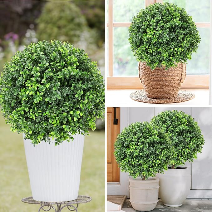 Artificial Boxwood Topiary Ball Tree 24" with Ground Spike, Set of 2 Artificial Boxwood Bushes for Faux Shrubs, Fake Evergreen Faux Plant for Indoor Outdoor Porch Garden- UV Resistant – Fade-Proof