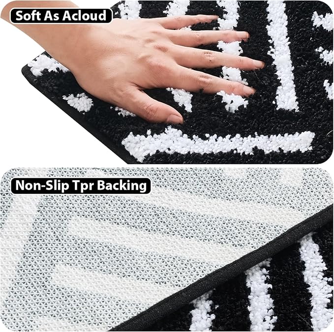 ORTIGIA Striped Black Bathroom Rugs Non Slip Washable, 20x30 Quick Dry Absorbent Soft Plush Microfiber Bath Mats, Bath Rugs for Bathroom Floor Carpet for Sink Bedroom