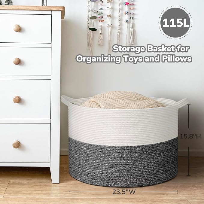Goodpick Extra Large Woven Blanket Basket Living Room & Playroom, 115L | 23.5 x 23.5 x 15.8 In Woven Basket for Storage, Kids Toy Storage for Playroom, Laundry Basket for Towels, Gray