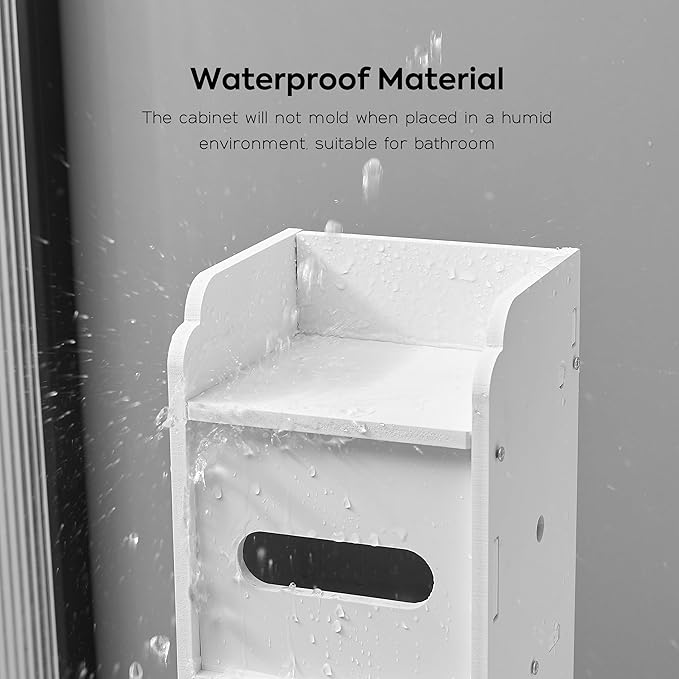 Toilet Paper Holder Stand, Slim Bathroom Storage Cabinet (White) | Narrow waterproof PVC skinny shelf stand and extra tissue paper roll holder. Smart space organizer for small restrooms.