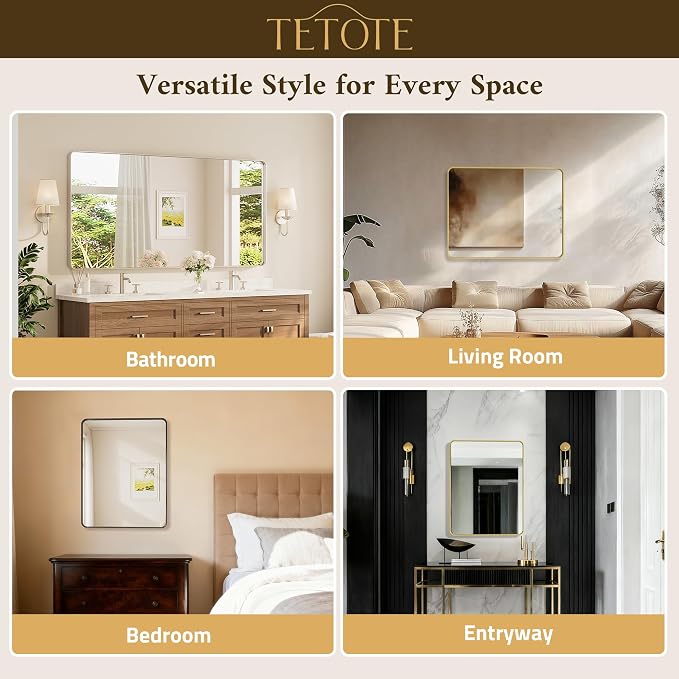 40 x 30 Inch Gold Bathroom Mirror, Brushed Brass Metal Frame Mirror for Vanity, Rectangle Wall Mounted Golden Modern Mirror (Horizontal/Vertical)