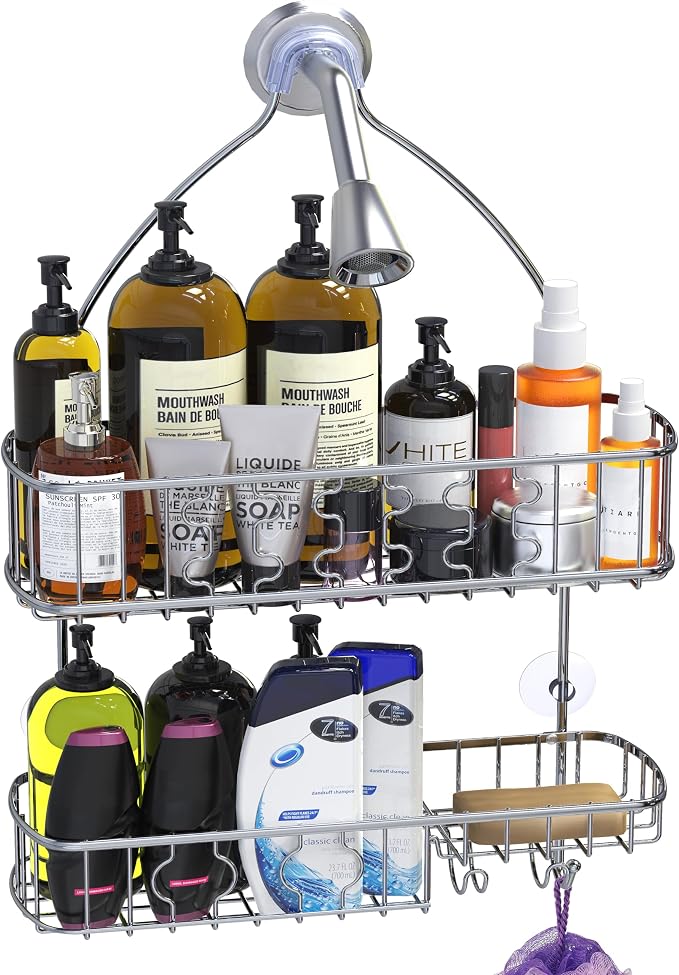 Simple Houseware Hanging Shower Head Caddy Organizer, 26 x 16, Chrome | (26 x 16 x 5.5 inches)