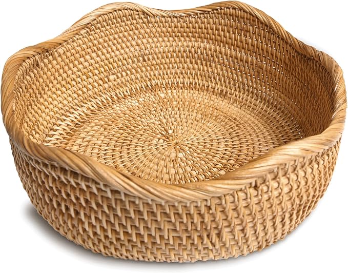 HITOMEN Handmade Rattan Bread Baskets Round Wicker Fruit Serving Storage Bowls, Natural Woven Decorative Kitchen Counter Organizing (Honey Brown) M-10.2"