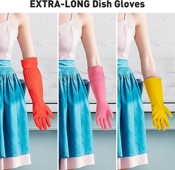 ThxToms Rubber Dishwashing Cleaning Gloves (2-Pair) - Fleece Lined | Reusable Long Dish Gloves for Washing Dishes, Waterproof Kitchen Gloves with Extra-Long Cuff & Anti-Slip Design, Medium