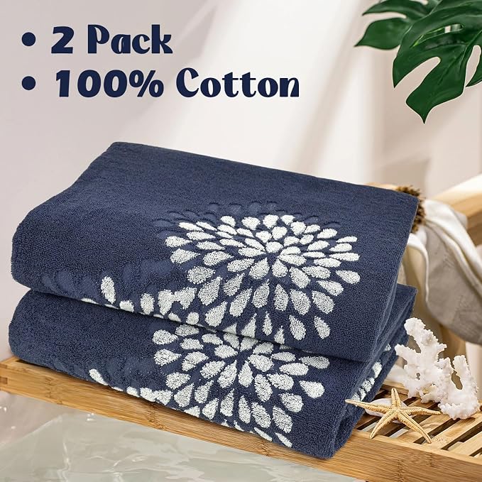 Jacquotha Cute Bath Towels Set of 2 (Denim Blue) - Large 55” x 28” | Decorative Hydrangea FloralJacquard, Bathroom & Guest Room Decor, Cotton