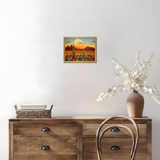Framed Western Desert Sunset Cactus Wall Art, Vintage Southwest Nature Landscape Canvas Print, Rustic Wall Decor Picture, Boho Mexican Oil Painting for Living Room Bedroom Office bathroom 8x10 Inch