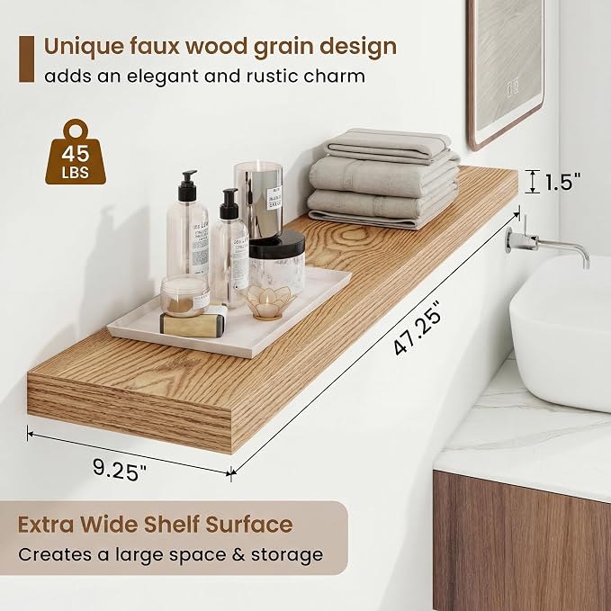 9.25in Depth 48in Floating Shelves, 48x9.25x1.4, Light Brown, Set of 2 | Long Wall Mounted Engineered Wood Shelves with Invisible Brackets for Living Room, Bedroom, Bathroom, Kitchen
