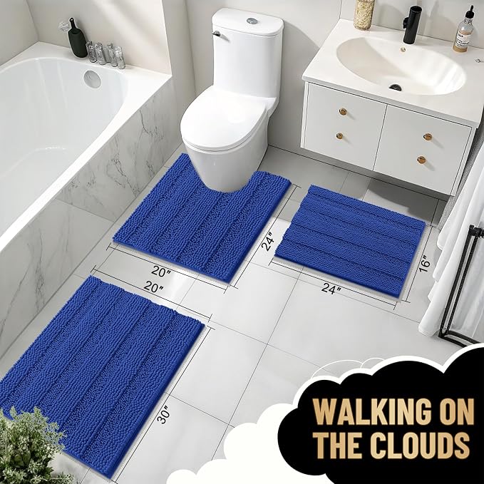 OLANLY Thick Bathroom Runner Rugs 44x24, Chenille Bath Rugs, Royal Blue | Absorbent Striped, Rubber Backing, Machine Wash, Long Bath Mats for Bathroom Floor, Tub and Shower, Home Decor Accessories