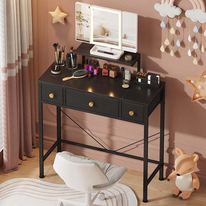 Small Makeup Vanity Desk 27.5''W with Mirror and Lights, 3 Drawers | USB Lighted Mirror, Height-Adjustable Stand, Fabric Drawers, Girls/Kids Gifts, Bedroom, Small Space, Dorm, Black