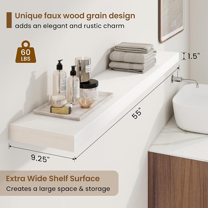 9.25in Depth 55in Floating Shelves, 55"W x 9.25"D x 1.5"H, White, 2Pcs | Long Wall Mounted Engineered Wood Shelves for Wall with Invisible Brackets for Living Room, Bedroom, Bathroom, Kitchen