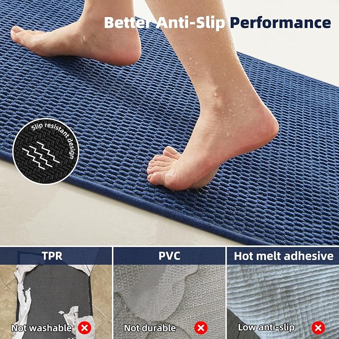 TYUU Large Bathroom Rugs Non Slip Washable Bath Rugs Super Absorbent Bathroom Rug Thin Quick Dry Low Pile Bath Mats, Navy Blue 36" x 60"
