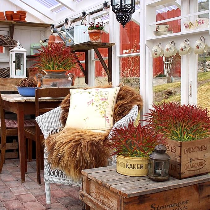 16 Pcs Artificial Plants Outdoor Fake Fall Greenery Stems, Red | Faux grass, UV resistant, plastic plants shrubs, autumn Thanksgiving garden pathway window farmhouse front porch home decor