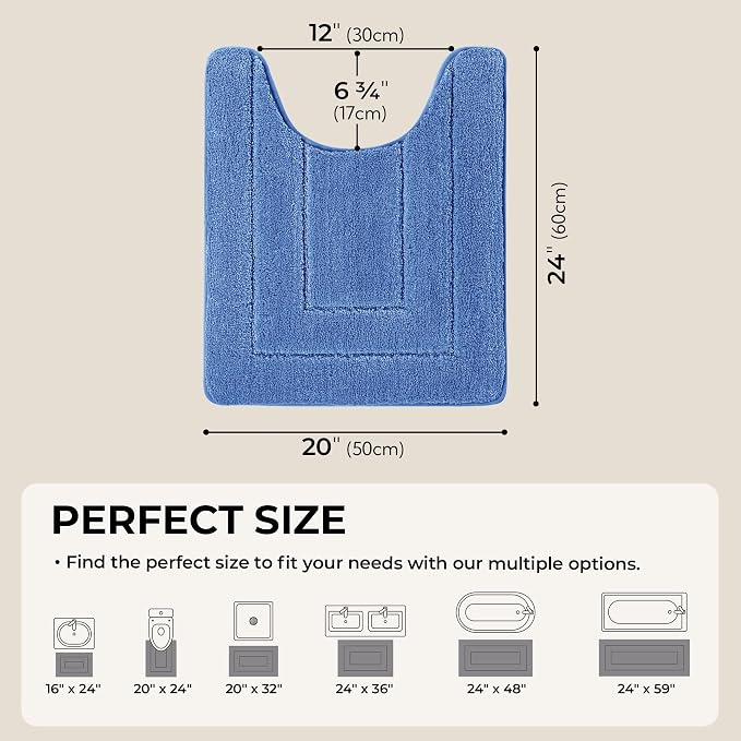 GRANNY SAYS Blue U Shaped Toilet Rug 20" x 24", Non-Slip Bath Mat | Soft microfiber, TPR backing, absorbs water quickly, machine washable, fits around most standard toilet bases