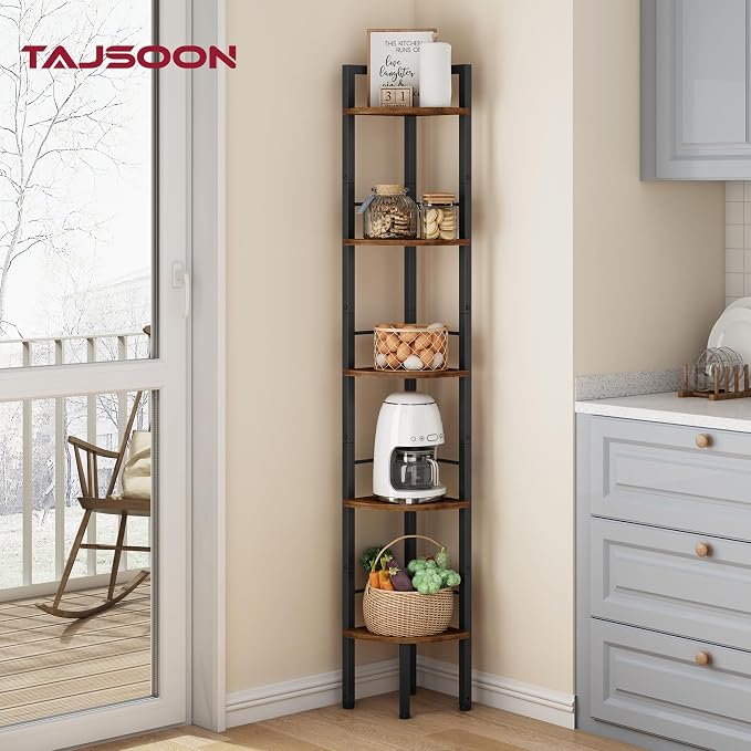 Corner Shelf Stand 5 Tier 60.5" with Metal Frame, Rustic Brown | Industrial Small Corner Shelf Narrow, Multipurpose Tall Corner Bookshelf, Corner Table Bedroom, Living Room, Office, Kitchen