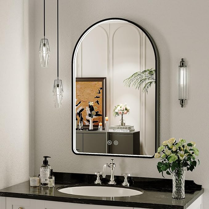 20X30 Inch Black Framed Arched LED Lighted Bathroom Mirror,3 Color | ETL Listed,Anti-Fog,3000K/4500K/6000K Dimmable,Horizontal & Vertical,Memory Function,Ideal for Bathroom Lighted,Vanity