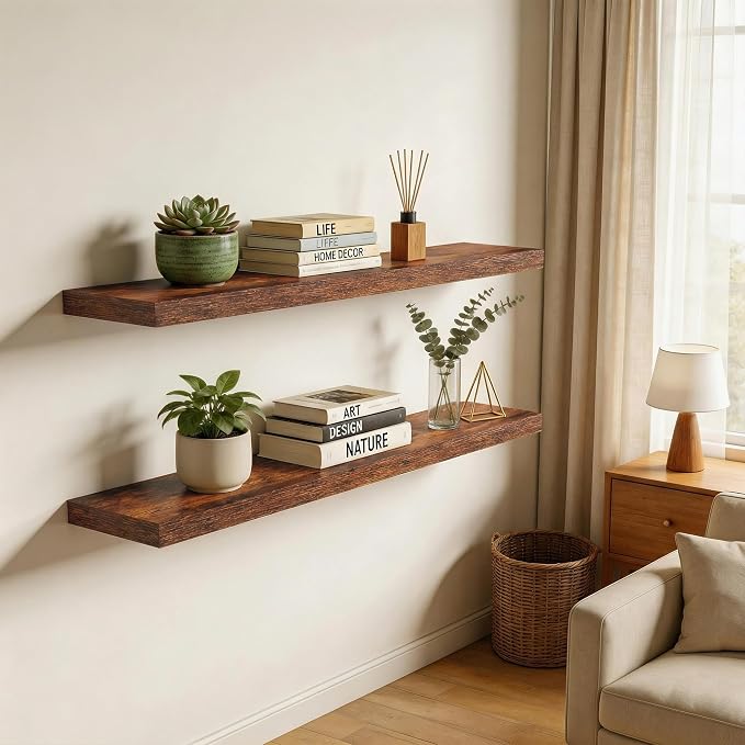 36 in Floating Shelves for Wall Decor Color Brown,Pack 2 | Modern floating shelves for living room,bedroom,kitchen and bath.Organize & display books,photos and decor.easy mount,sturdy.