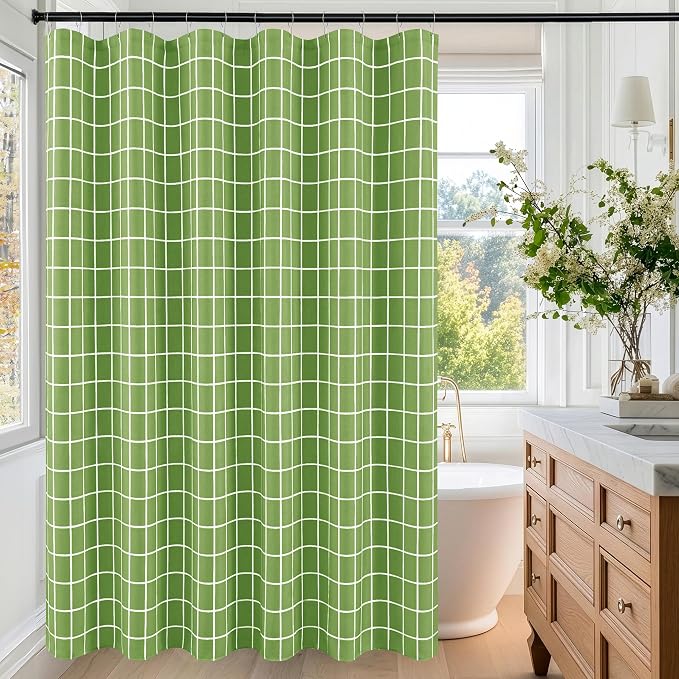 Biscaynebay Sage Green Shower Curtain for Bathroom-Fabric Modern Farmhouse Faux Linen Textured Grid Plaid Shower Curtains, Minimalist Simple Geometric Neutral Decor Machine Washable-70x72 Inches