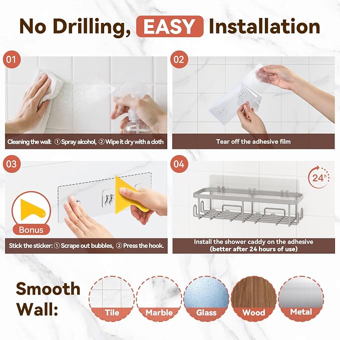 Shower Caddy Adhesive, Rustproof Shower Organizer, Wall Shower Rack | Large Capacity Shower Shelves for Inside Shower, No Drill Shower Storage, Shampoo Shower Holder, Bathroom Shower Shelf