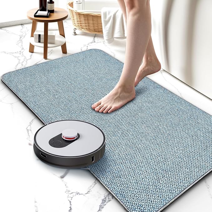 Upgraded Bath Mat 19x30Inch, Thin Bath Mats Rugs with Rubber Backing Non-Slip, Absorbent,Quick Dry Machine Washable, Home Decor Accessories Cozy Cloth Bathroom Rugs fit Under Door/Sink/Tub/Shower-Blue