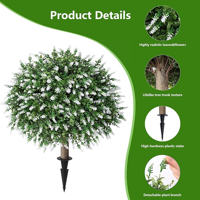 26'' Artificial Topiary Boxwood Ball Trees with Lavender 2 Pack Fake Plants for Outdoor Indoor Artificial Shrubs with Ground Spike UV Resistant Fake Bushes for Front Porch Garden (White)