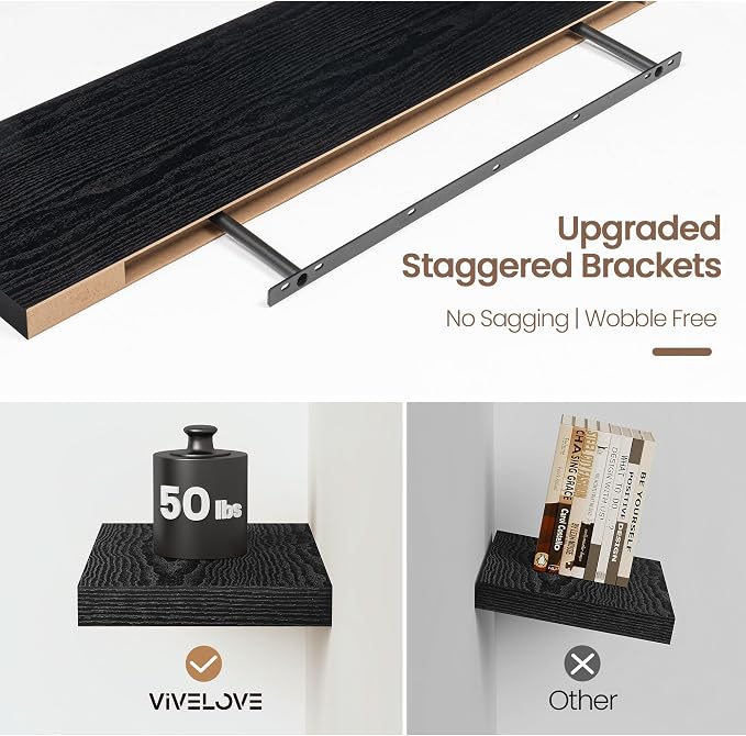 Vivelove Floating Shelves 9 inch Deep 36”Long Set of 2, Black | Easy Install With Hardware, 1.5" Thick, Invisible Brackets, Wall Mounted, No Sagging, For Any Room