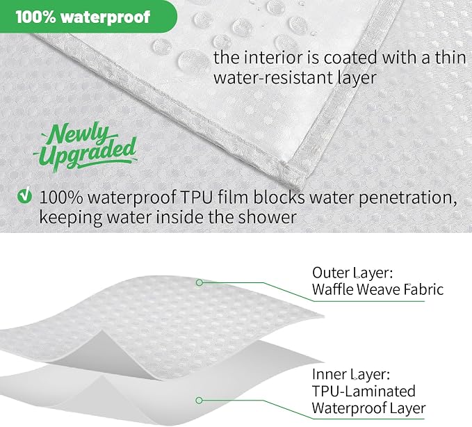 eachope No Hook Waffle Shower Curtain, No Liner Needed, 54x74 Inch, White | 100% waterproof TPU-laminated backing, magnetic weighted hem, machine washable, for bathroom, hotel, or shower stall use