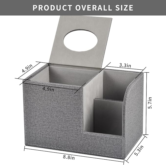 Square Tissue Box Cover Organizer,PU Leather Cube Tissue Box Holder with 2-Compartment Storage Box,Tissue and Remote Control Holder,Decorative Tissue Box Bedroom NightStand Office Tabletop,Grey